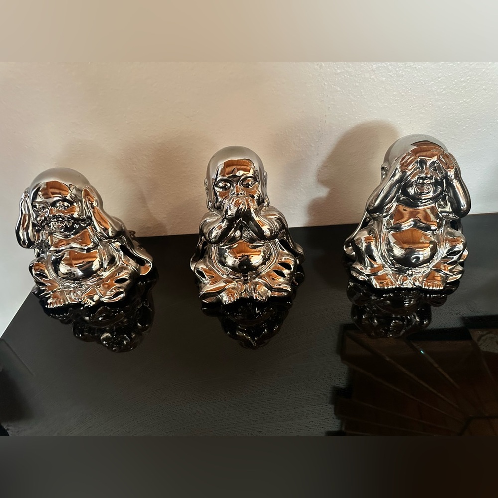 Elegant Silver Buddha Trio Figurines